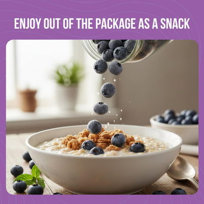 Augason Farms blueberries poured into bowl for quick nutritious topping