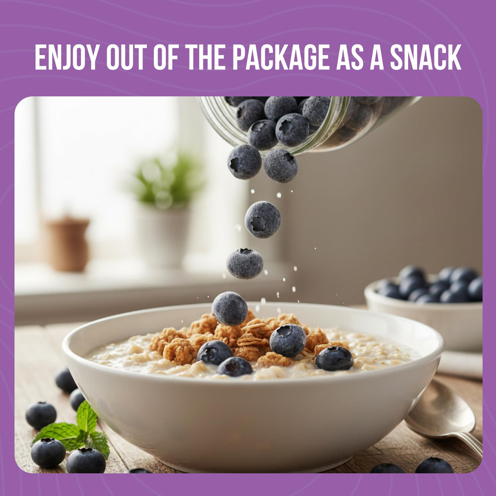 Augason Farms blueberries poured into bowl for quick nutritious topping