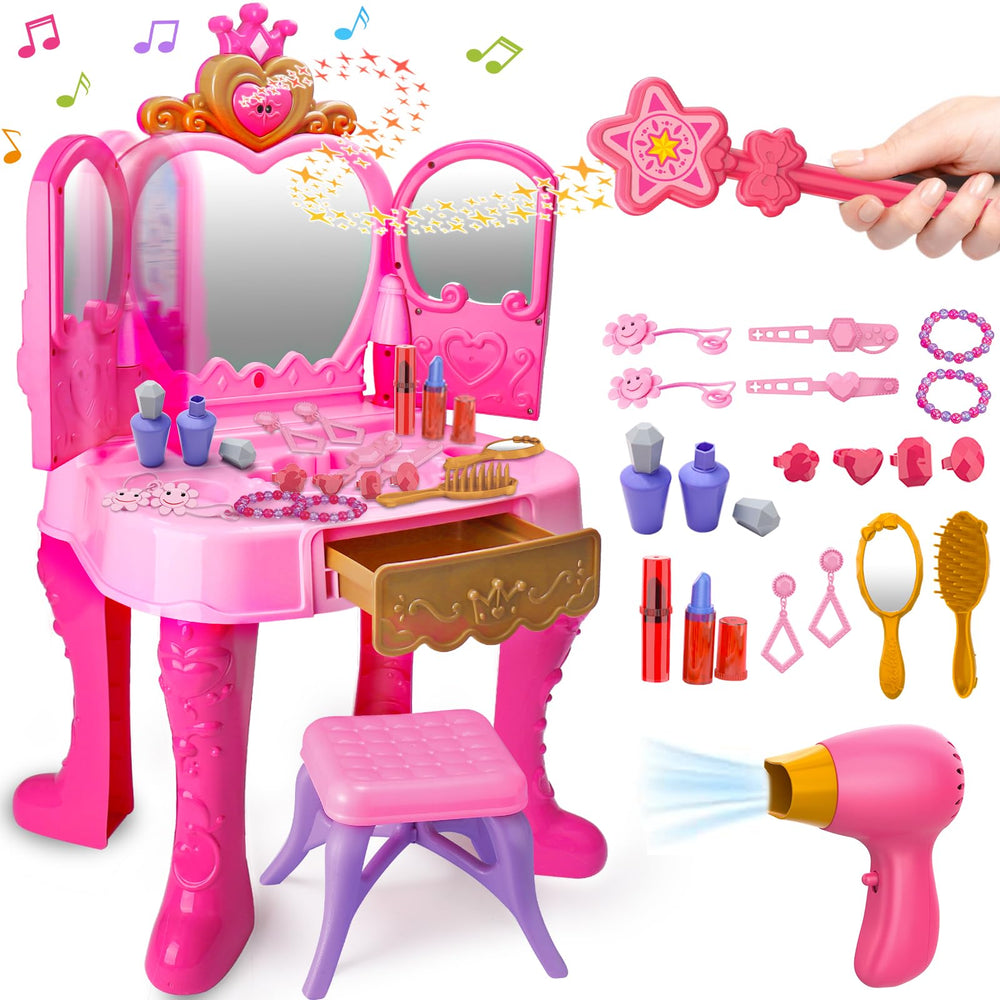 AugToy tocador frontal mesa y silla rosa mostrando set completo y diversión