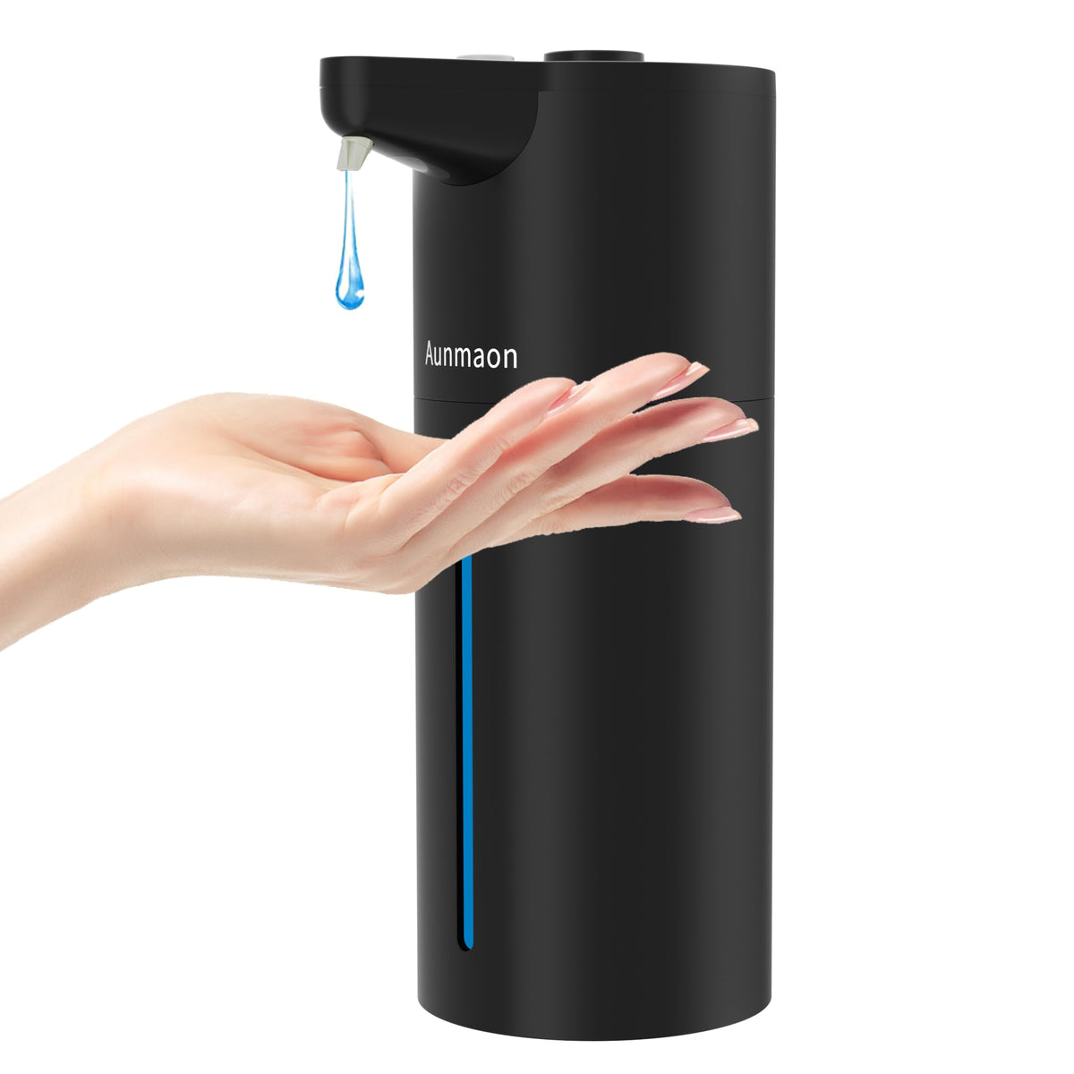 Aunmaon frontal del dispensador negro mostrando diseño compacto y elegante