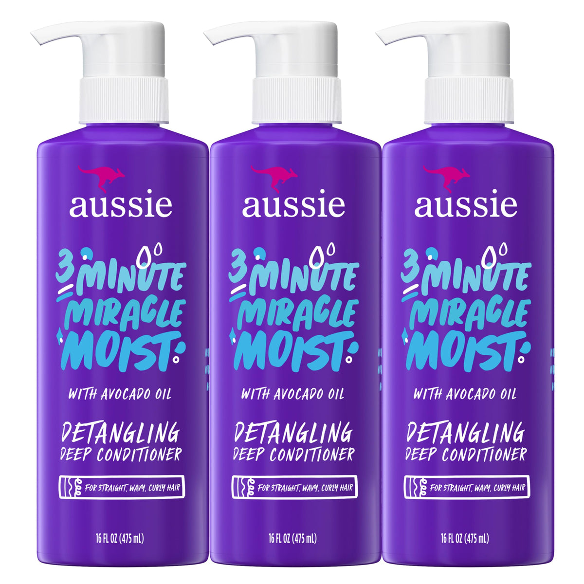 Aussie triple pack front packaging shows three bottles for long-lasting supply