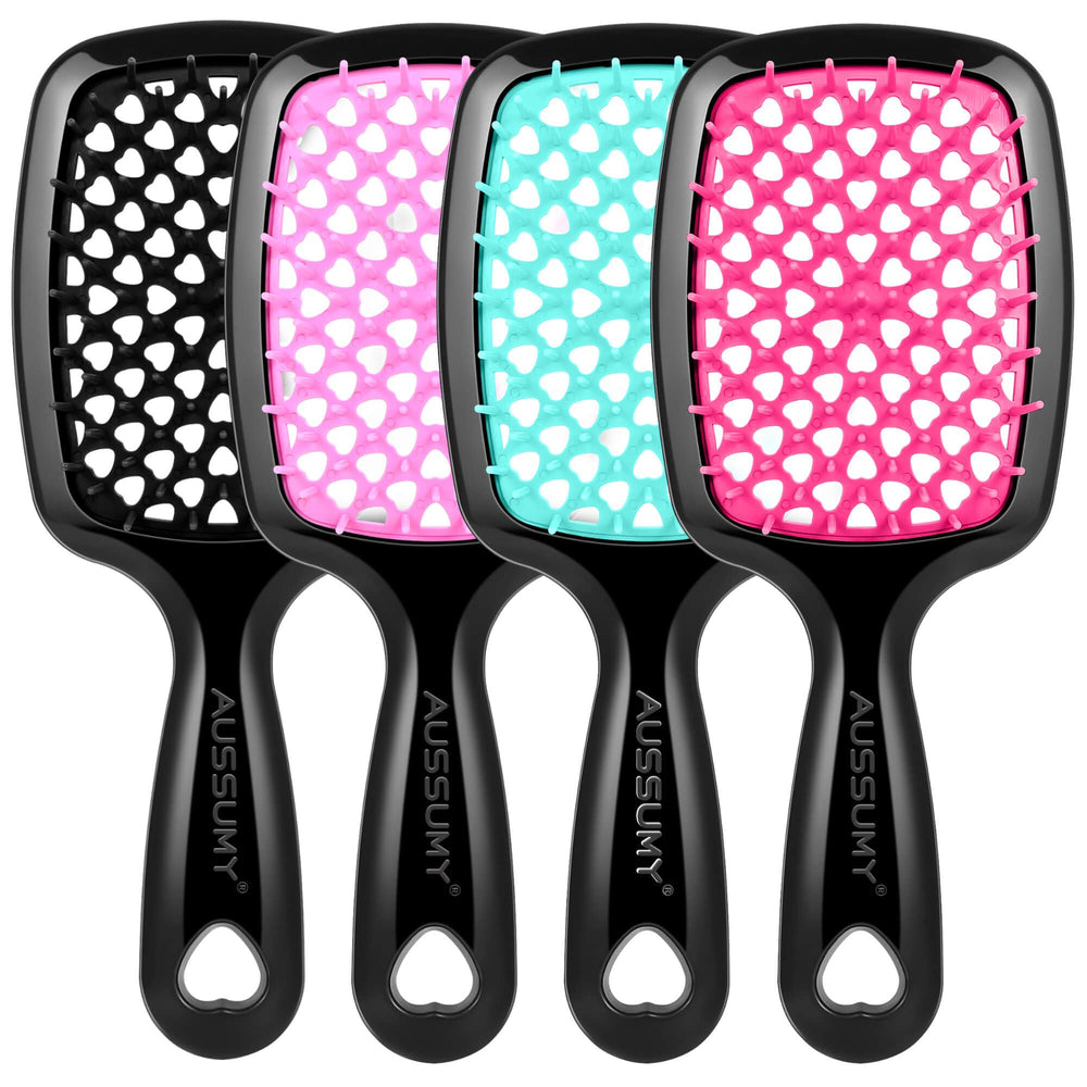 Aussumy cepillo frente pack mostrando diseño ventilado y color rosa, agarre cómodo