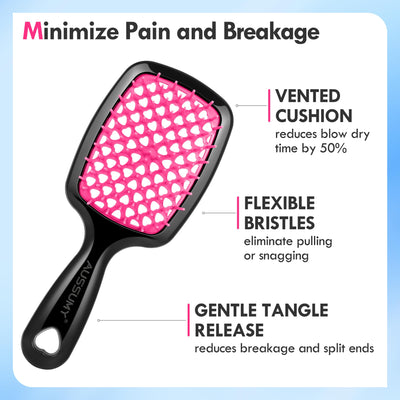 Aussumy detalle de cerdas flexibles que desenredan sin romper el cabello