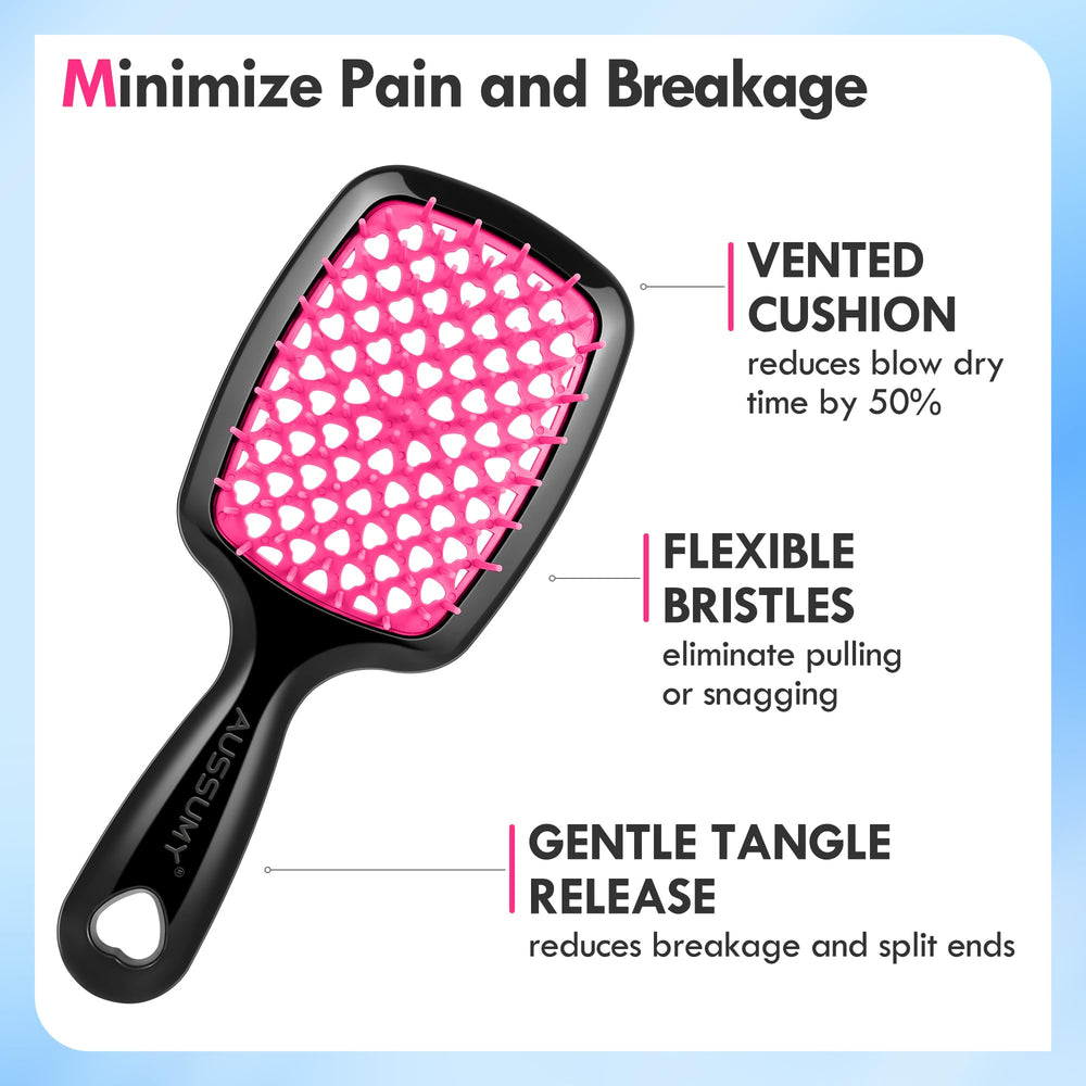 Aussumy detalle de cerdas flexibles que desenredan sin romper el cabello