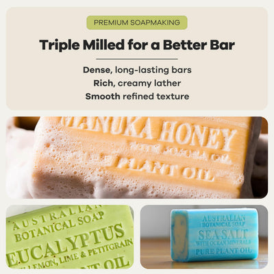 Australian Botanical Soap bars arranged in a draining soap dish to extend bar longevity