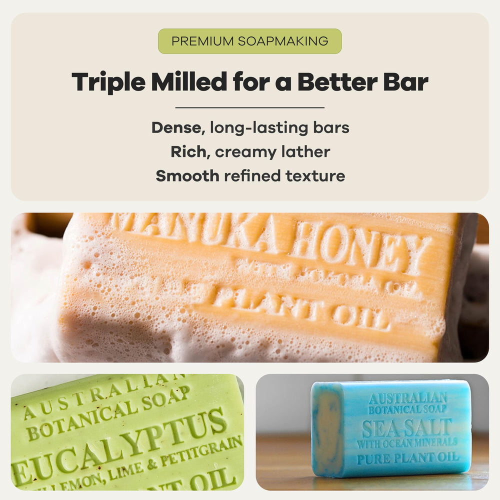 Australian Botanical Soap bars arranged in a draining soap dish to extend bar longevity