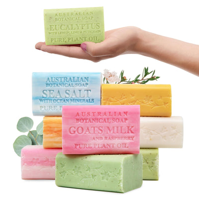 Australian Botanical Soap front packaging showing eight extra-large bars for low-waste benefit