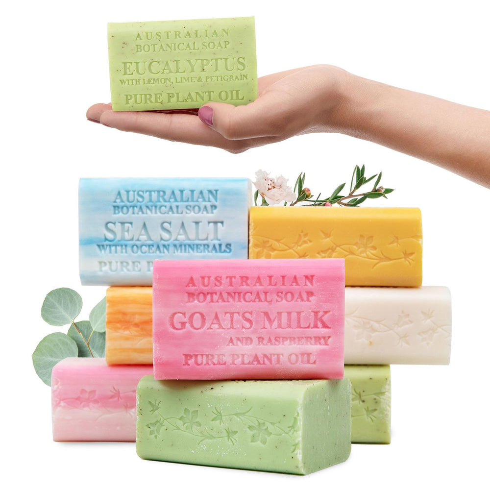 Australian Botanical Soap front packaging showing eight extra-large bars for low-waste benefit