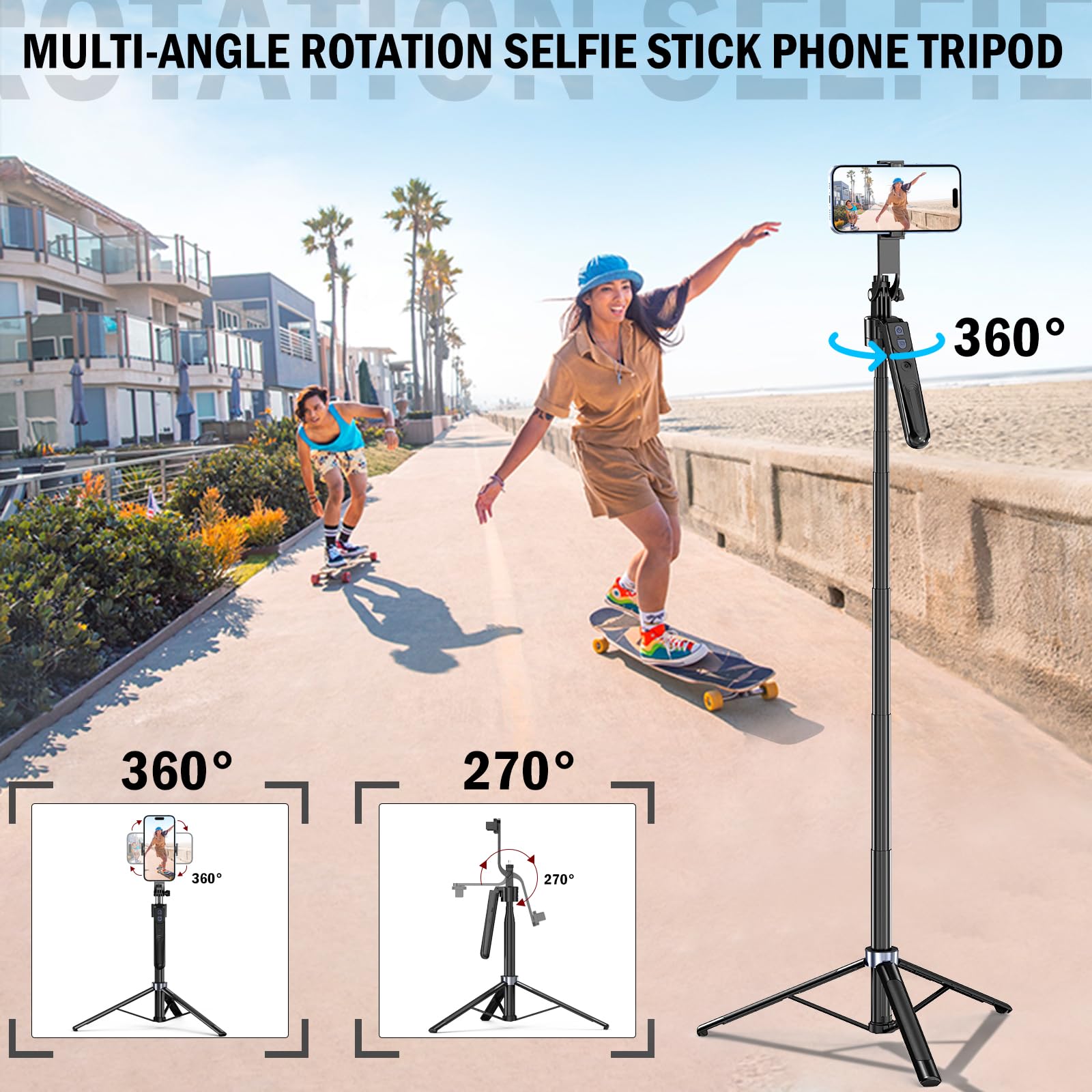 Auto Face Tracking Tripod junto a un smartphone para comparar tamaño y portabilidad