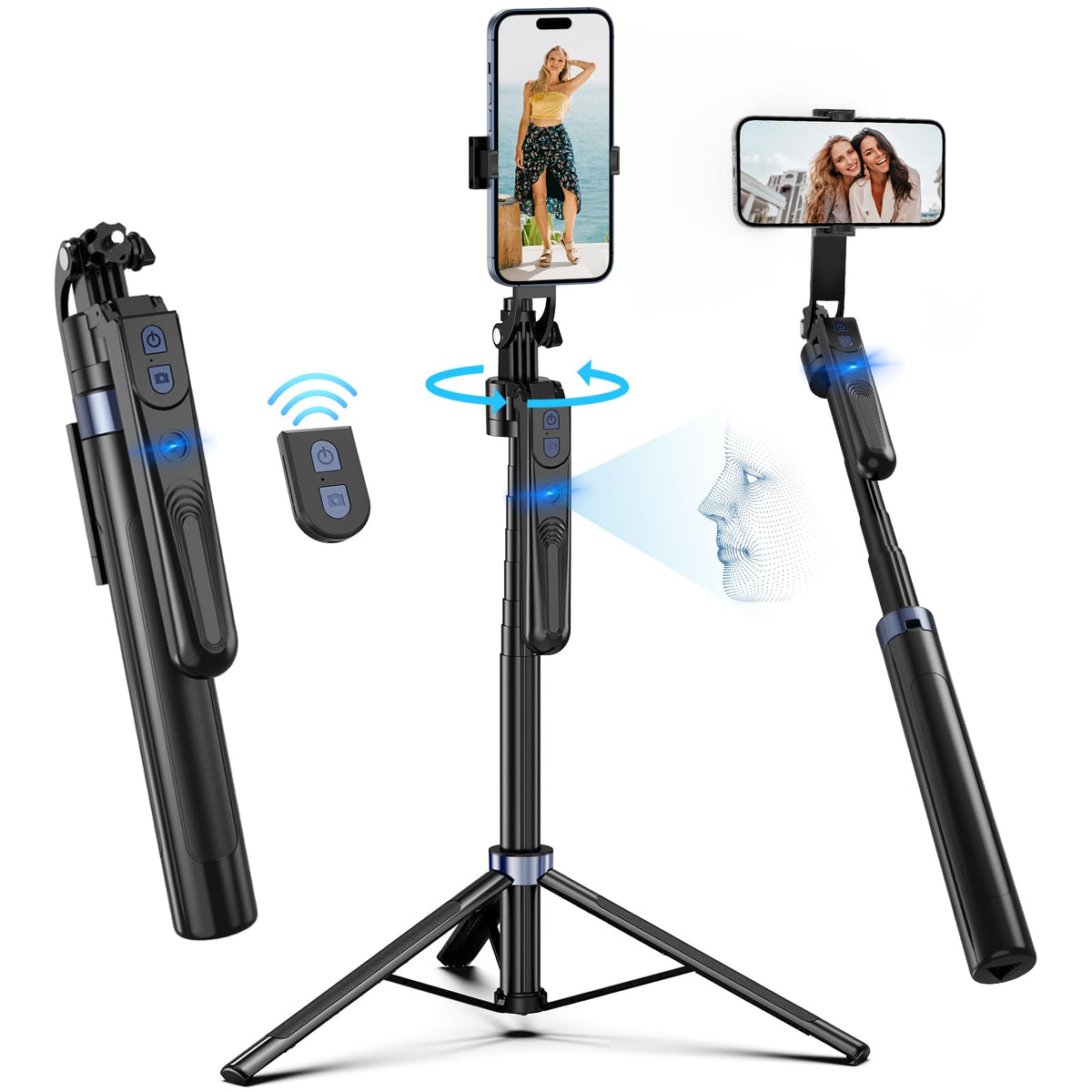 Auto Face Tracking Tripod frente mostrando el soporte y la cabeza giratoria, enfoque estable