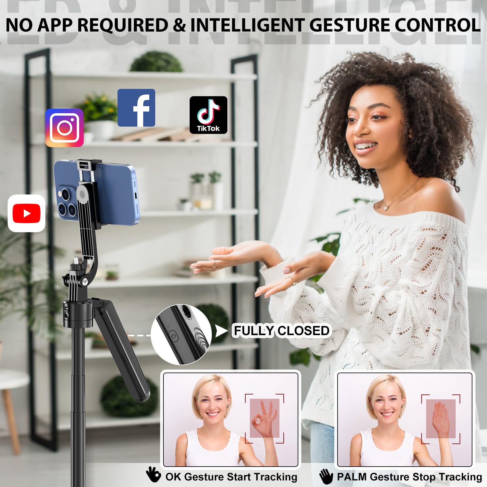 Auto Face Tracking Tripod rosca 1/4" visible con smartphone montado, compatibilidad ampliada
