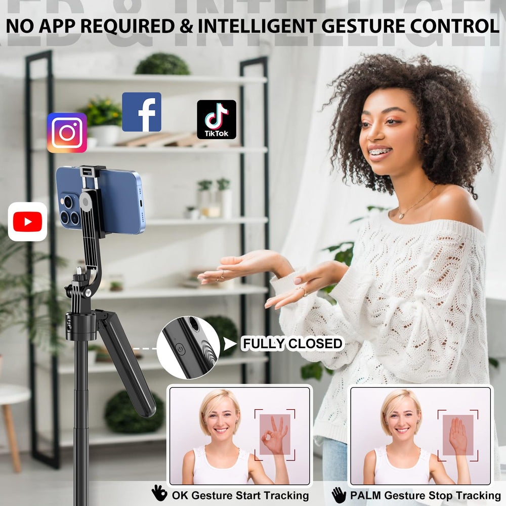 Auto Face Tracking Tripod rosca 1/4" visible con smartphone montado, compatibilidad ampliada