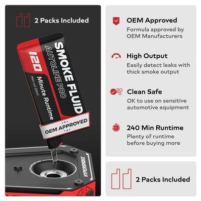 AutoLine Pro HyperSmoke connected to vehicle EVAP port demonstrating low-pressure leak testing