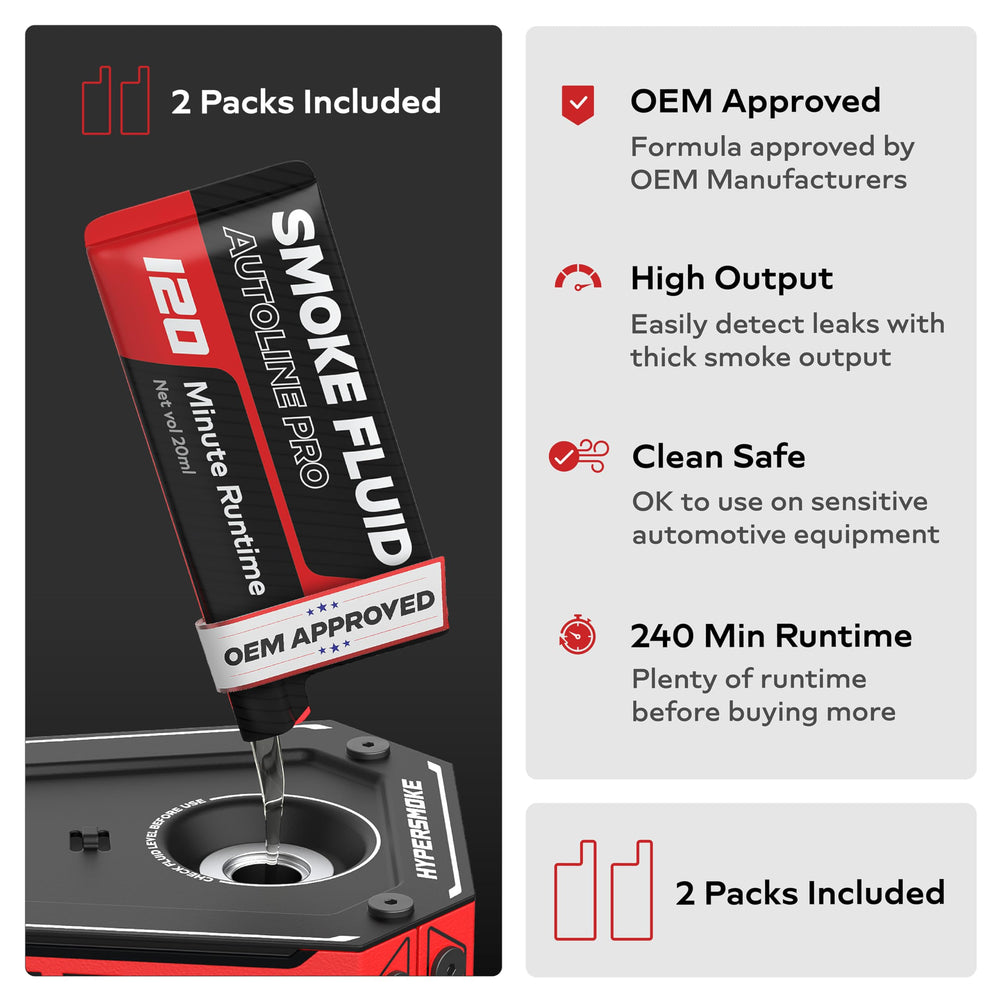 AutoLine Pro HyperSmoke connected to vehicle EVAP port demonstrating low-pressure leak testing