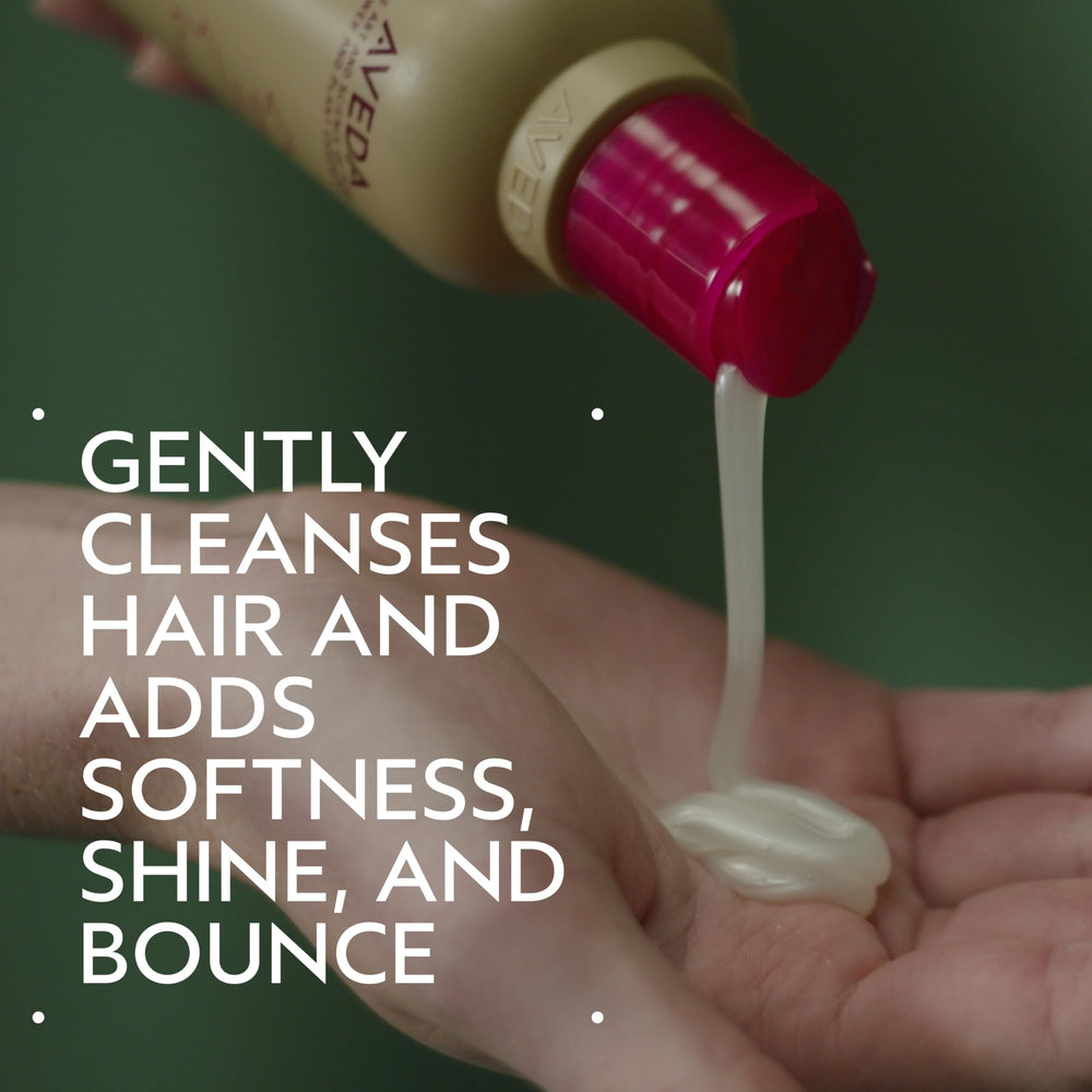 Aveda bottle dispensing shampoo, demonstrating gentle lather and ease of use