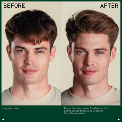 Aveda grooming clay styled hair before and after illustrating matte texture and strong hold benefit: visible definition