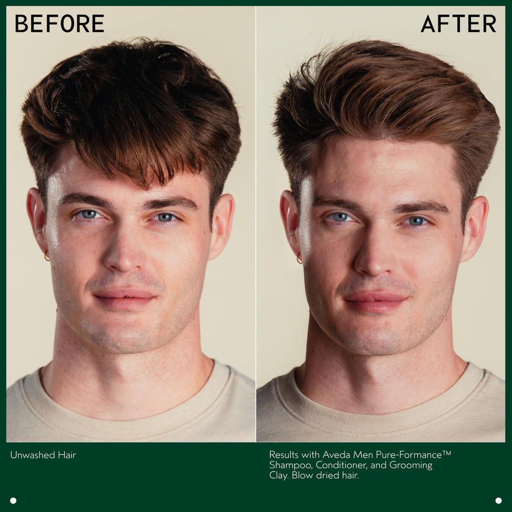 Aveda grooming clay styled hair before and after illustrating matte texture and strong hold benefit: visible definition