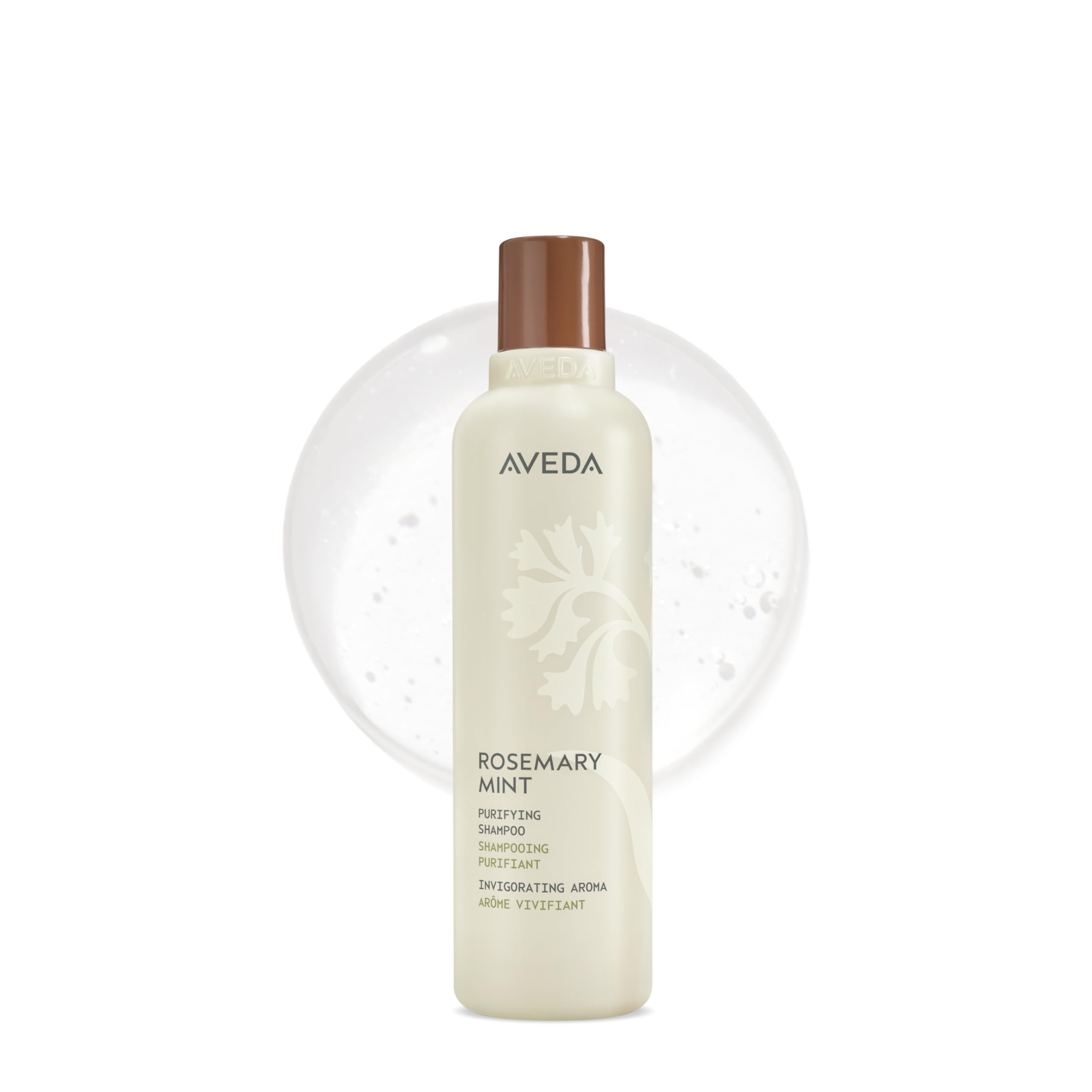 Aveda botella frontal del champú con etiqueta visible y aspecto profesional, limpieza eficaz