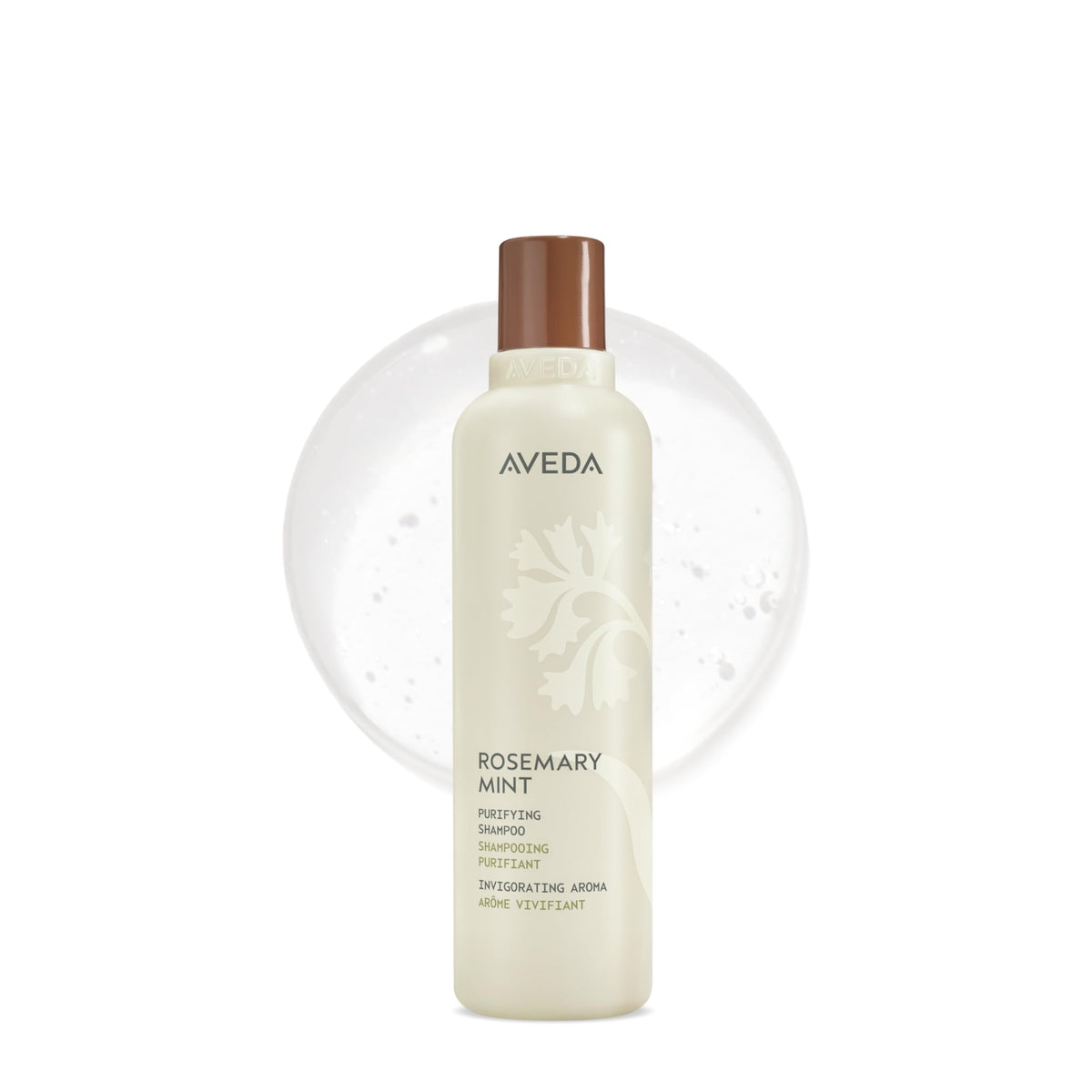 Aveda botella frontal del champú con etiqueta visible y aspecto profesional, limpieza eficaz