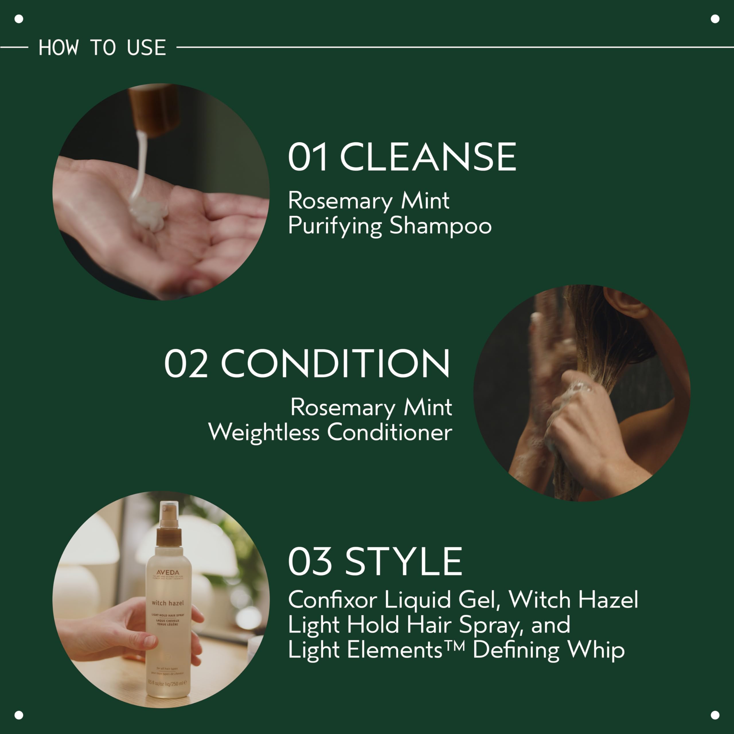 Aveda ingredientes romero y menta fresca junto al producto, aroma vigorizante