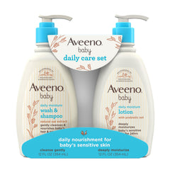 Aveeno Baby frente del pack con dos botellas, práctico para regalo