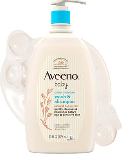 Aveeno Baby botella frontal 33 fl oz mostrando tamaño y practicidad