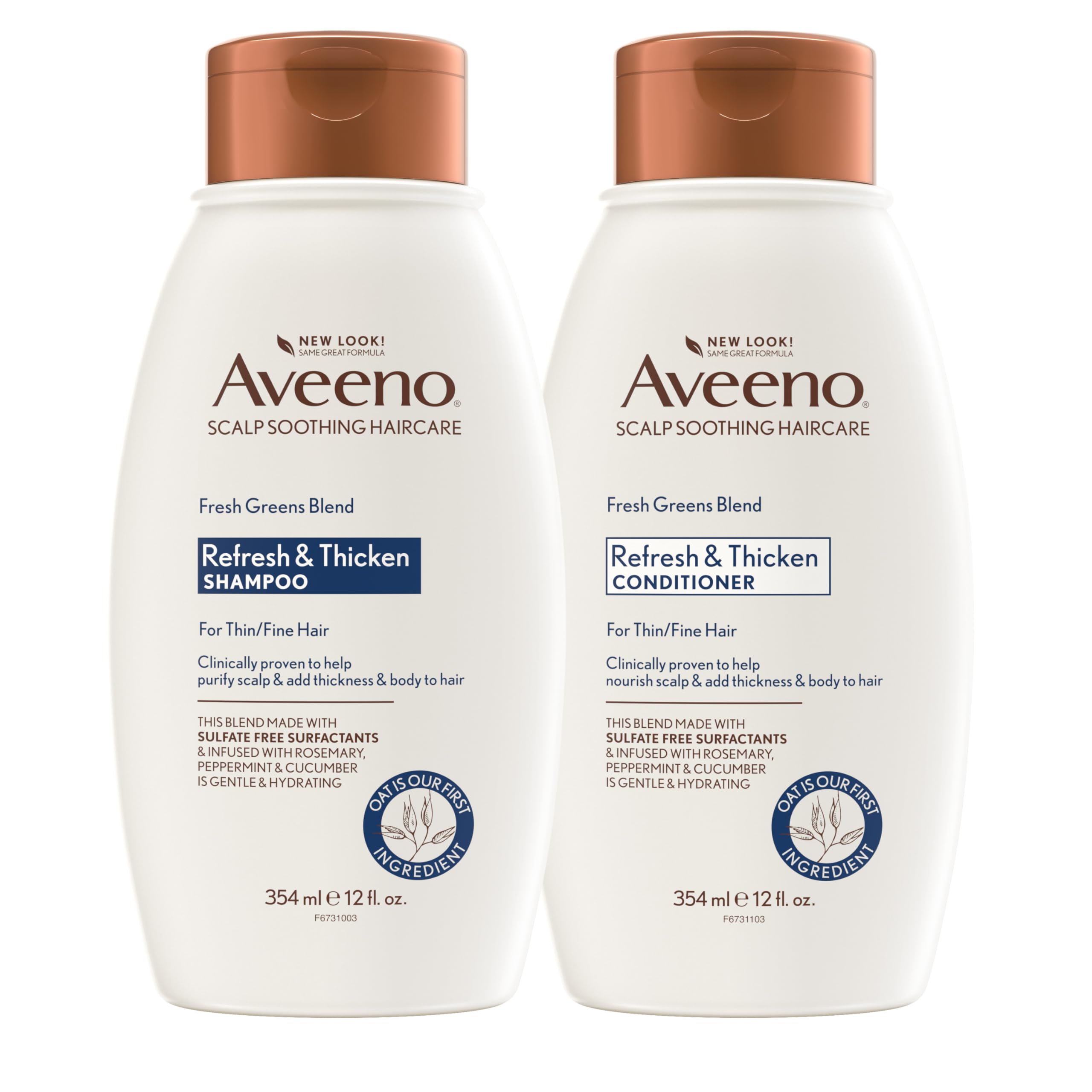 Aveeno frontal del empaque del set mostrando botellas dobles y beneficio de volumen