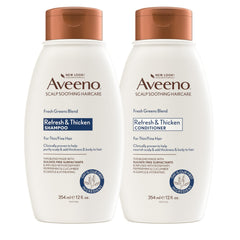 Aveeno frontal del empaque del set mostrando botellas dobles y beneficio de volumen