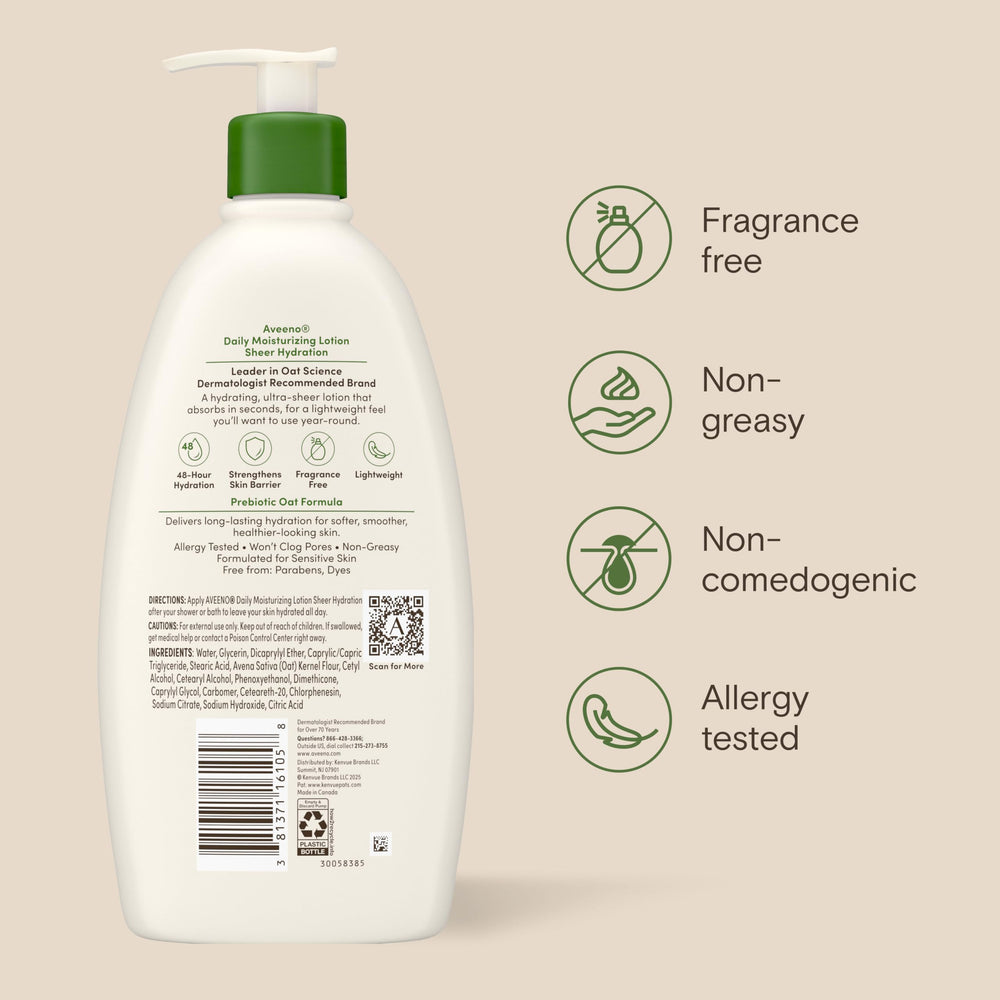 Aveeno logo y sello de 30% plástico reciclado destacando compromiso eco