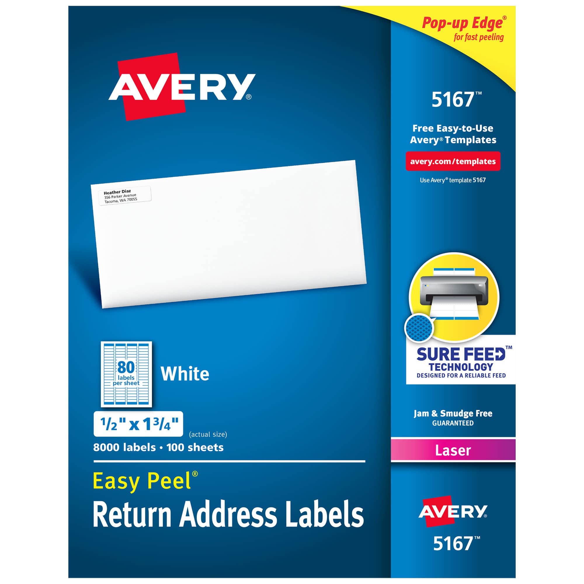 Avery frente del paquete mostrando 8,000 etiquetas y ventaja de volumen