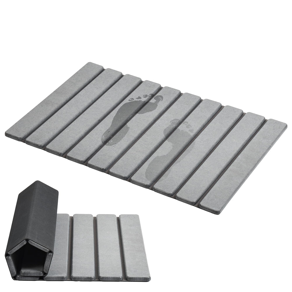AWW stone mat front view showing clean grey surface and quick-dry benefit