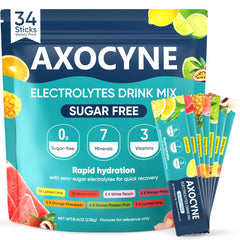 AXOCYNE frente del paquete mostrando 34 sobres y variedad de sabores