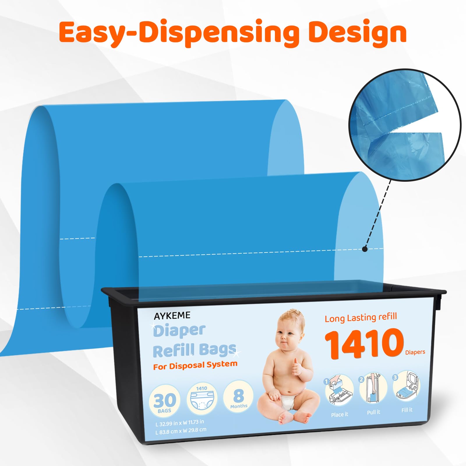 AYKEME comparación de tamaño con pañal indicando alta capacidad
