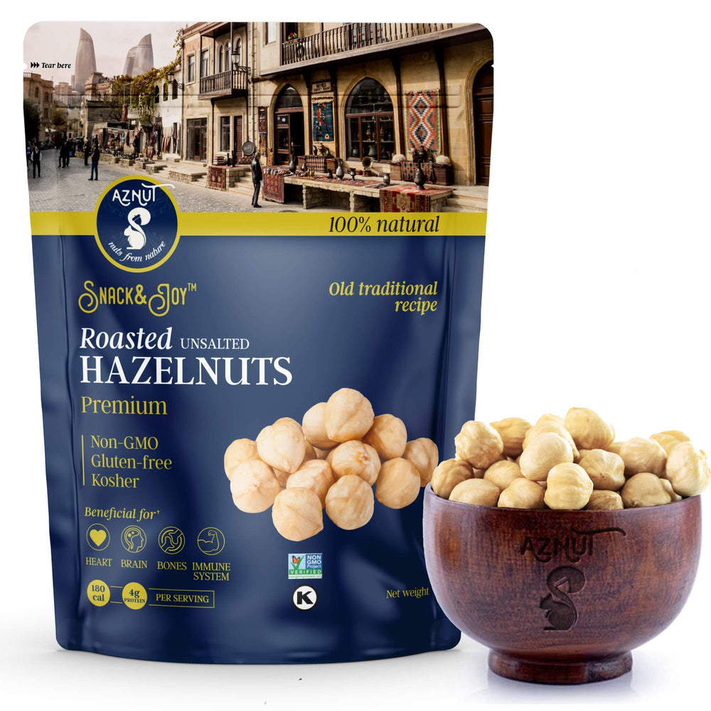 AZNUT paquete frontal mostrando 16 oz y etiqueta natural, útil para elegir snack sano