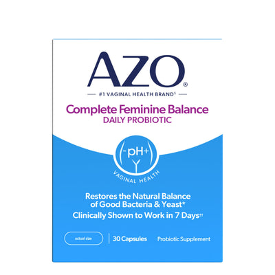 AZO front packaging shot showing bottle and branding with clear benefit