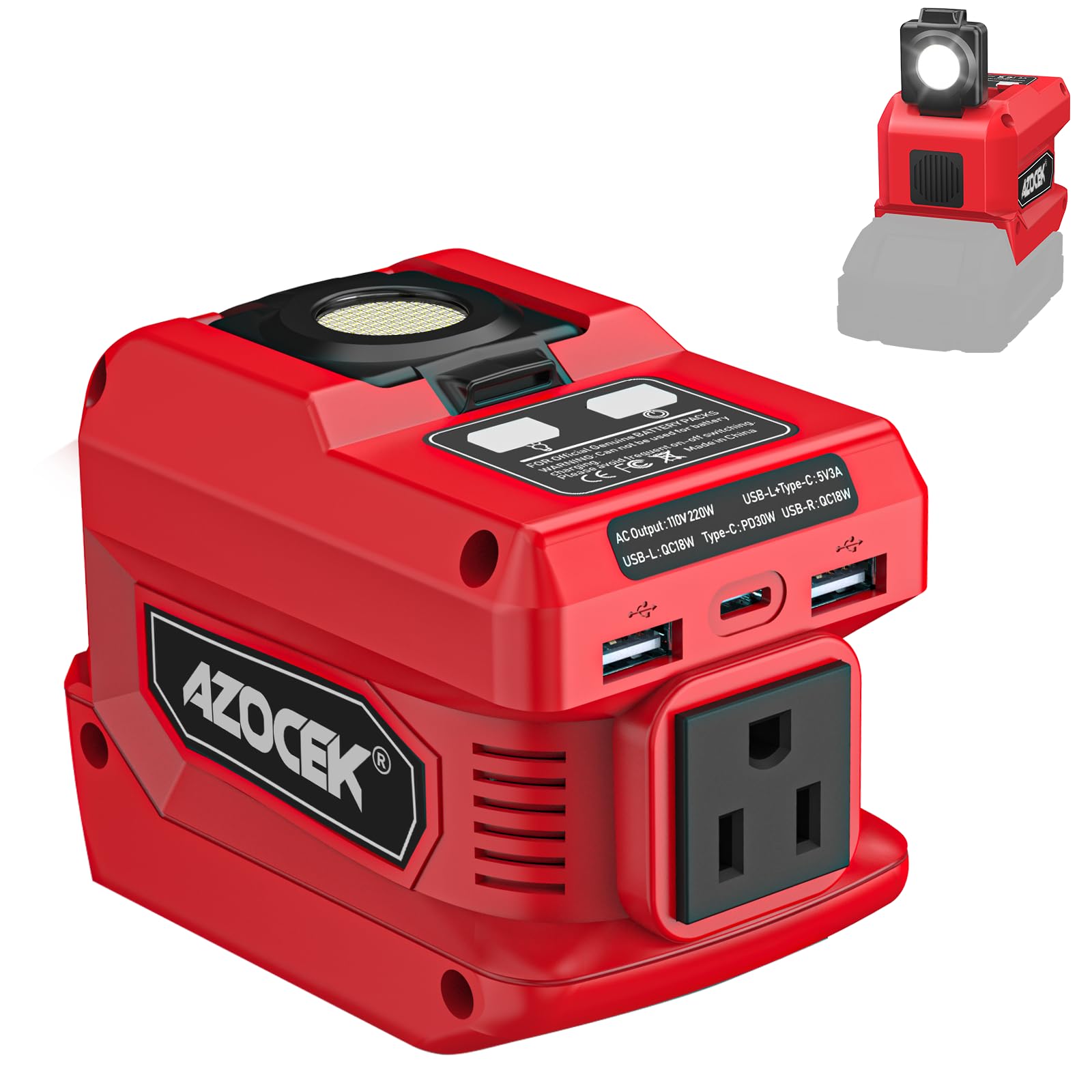 Azocek frontal conectado a batería Milwaukee mostrando salida AC y conveniencia móvil