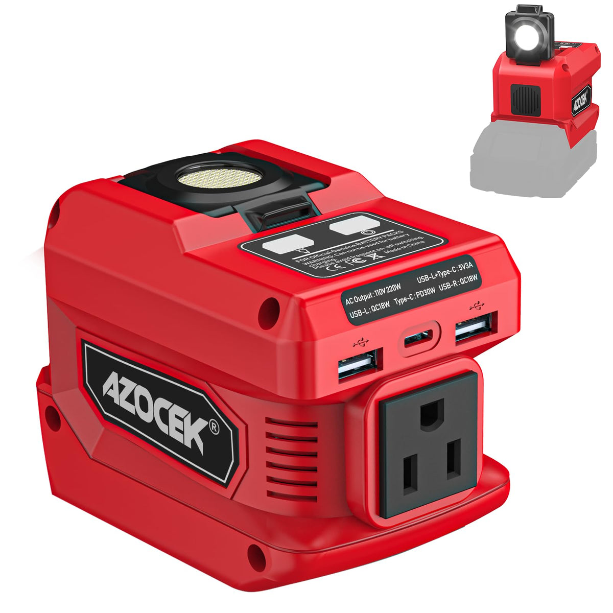Azocek frontal conectado a batería Milwaukee mostrando salida AC y conveniencia móvil