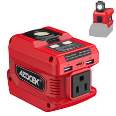 Azocek frontal conectado a batería Milwaukee mostrando salida AC y conveniencia móvil