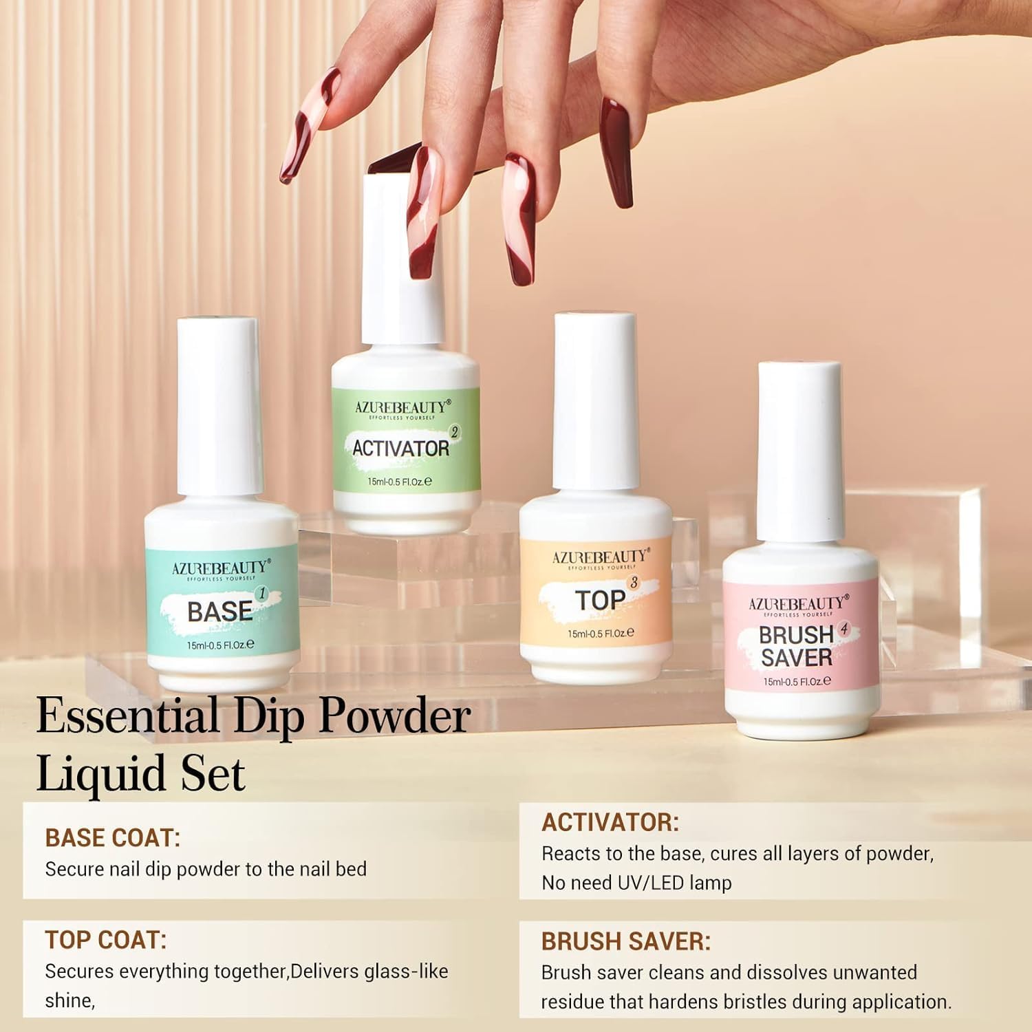 AzureBeauty botellas 15ml en mano demostrando tamaño compacto y gran capacidad
