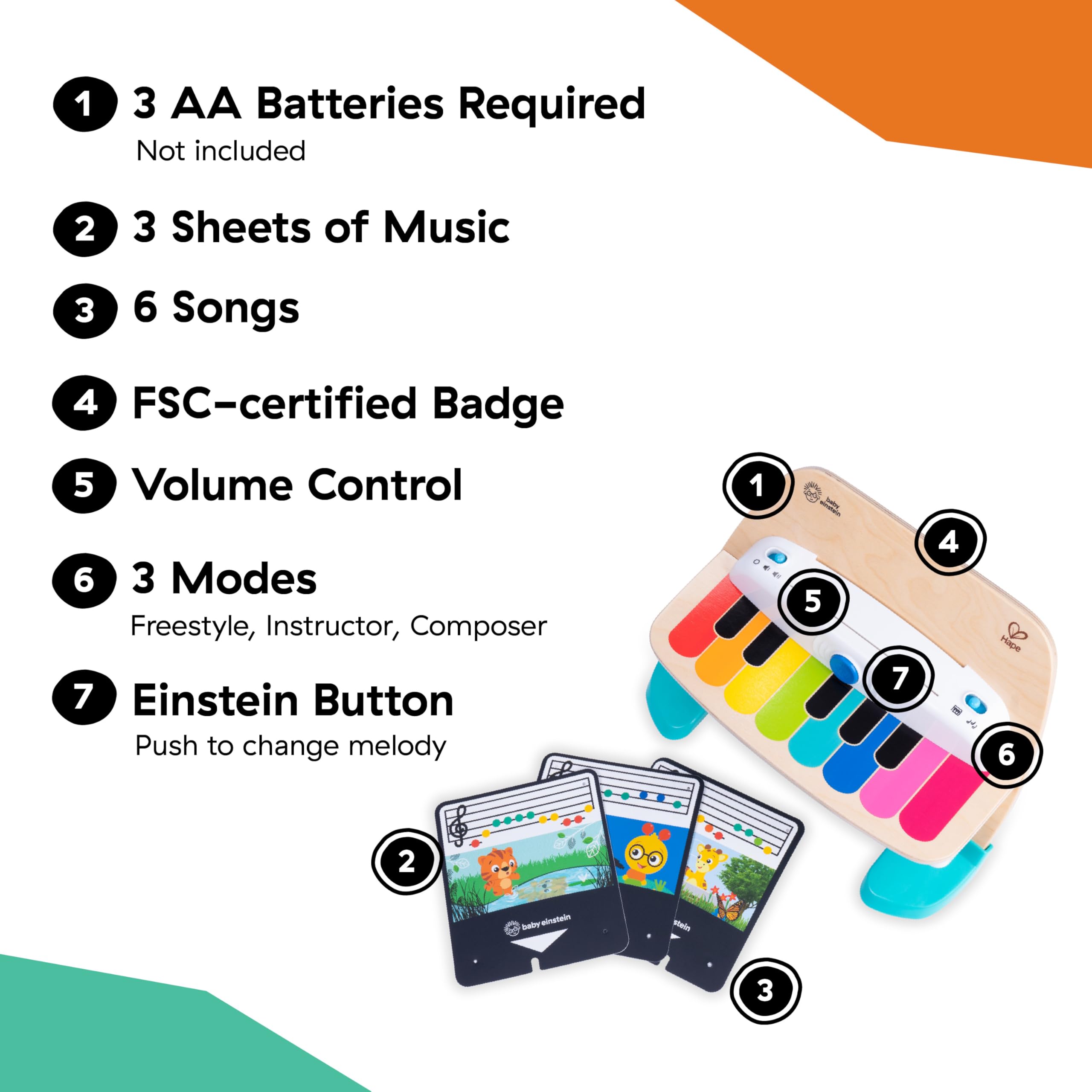 Baby Einstein piano wood grain detail illustrating durable, child-safe wooden construction