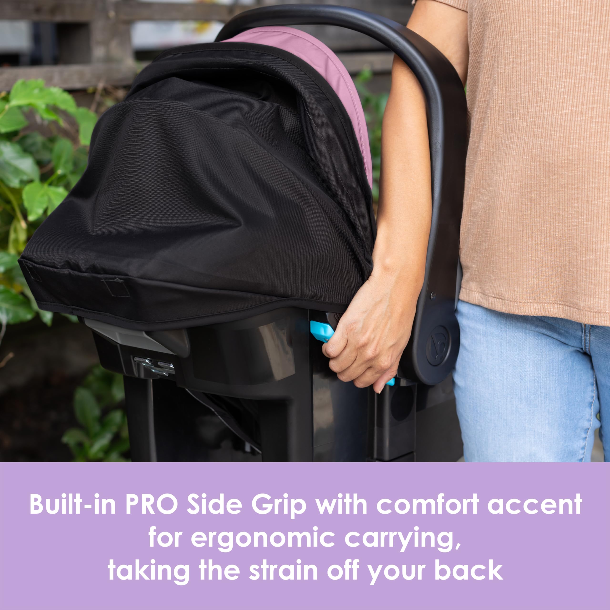 Baby Trend adjustable canopy with visor shielding baby from sunlight outdoors