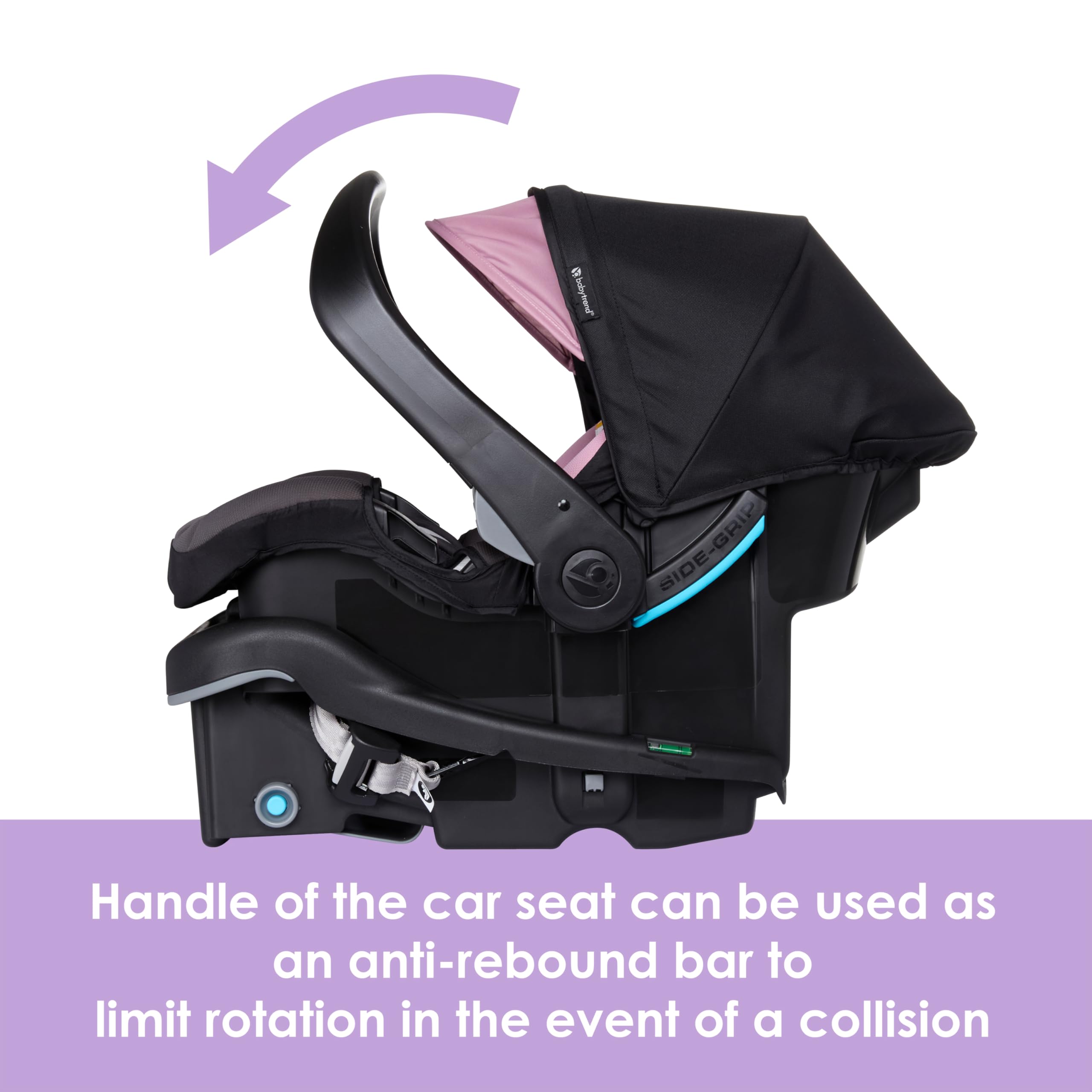 Baby Trend ergonomic Side Grip handle shown being carried to reduce back strain