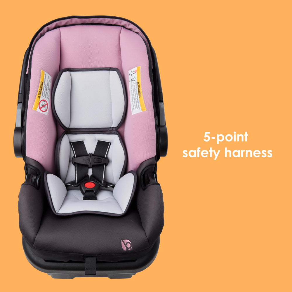Baby Trend seat clicked into stroller for fast, secure on-the-go transfers