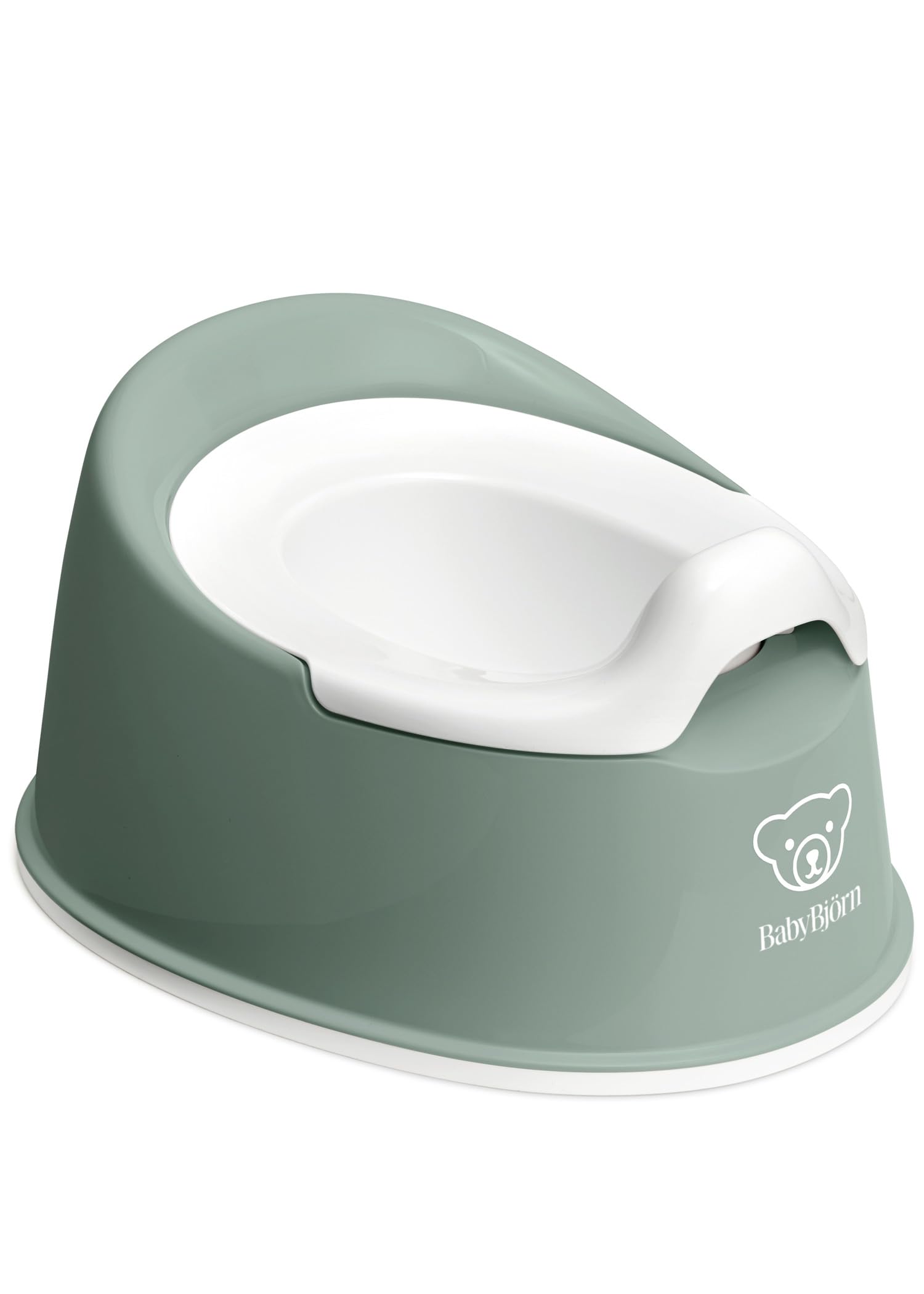 BabyBjörn Smart Potty front view showing deep green seat and white base, easy placement benefit