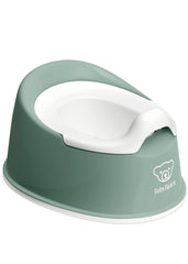 BabyBjörn Smart Potty front view showing deep green seat and white base, easy placement benefit