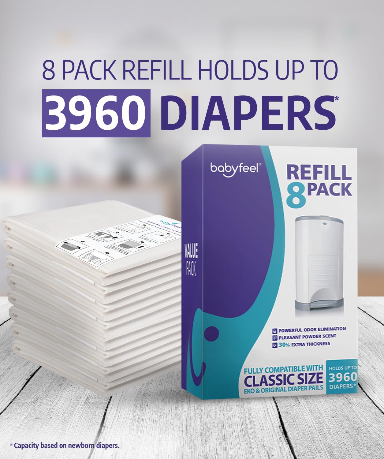 Babyfeel tamaño de bolsa junto a pañal para referencia de capacidad