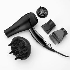 BaBylissPRO front view of black 2000W dryer showing controls and sleek design, speeds styling