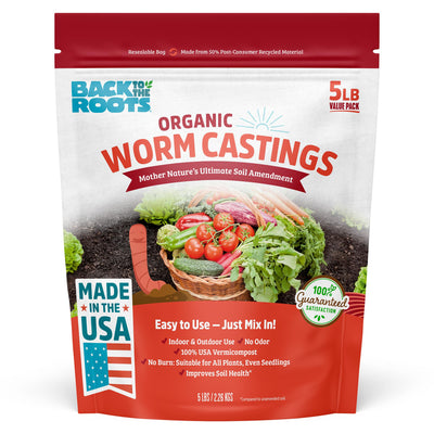 Back to the Roots frente del empaque 5 lb mostrando el producto y beneficios