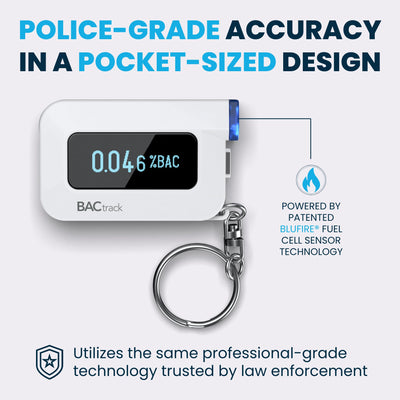 BACtrack C6 sensor close-up highlighting BluFire fuel-cell accuracy benefit