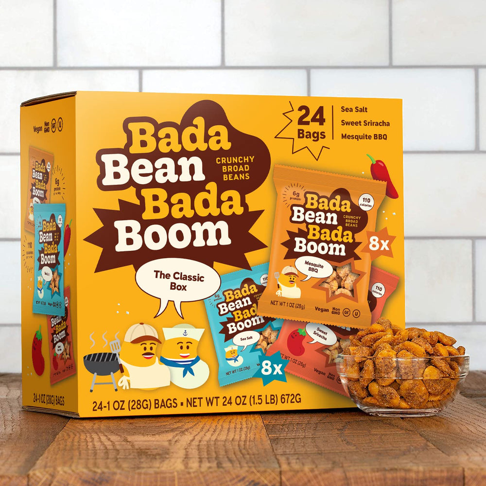 Bada Bean bolsa individual abierta con habas crujientes como snack inmediato